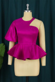 Rose Red Fashion Casual Solid Hollowed Out Patchwork O Neck Tops