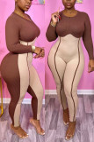 Brown Fashion Patchwork Color Block O Neck Skinny Jumpsuits