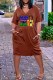 Coffee Fashion Casual Print Patchwork V Neck Short Sleeve Dress