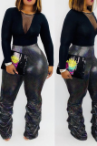 Black Sexy Solid Fold Boot Cut High Waist Speaker Solid Color Bottoms