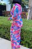 Rose Red Vacation Print Printing Shirt Collar Long Dress Dresses