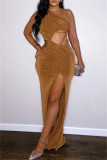 Brown Fashion Sexy Solid Hollowed Out Backless Slit Oblique Collar Sleeveless Dress