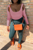 Pink Casual Sportswear Solid Hollowed Out Patchwork U Neck Long Sleeve Two Pieces