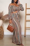 Pink Fashion Sexy Striped Print Backless Off the Shoulder  Long Sleeve Two Pieces