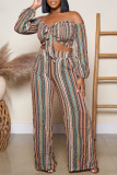 Pink Fashion Sexy Striped Print Backless Off the Shoulder  Long Sleeve Two Pieces
