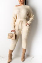 Cream white Casual Daily Pit Article Fabrics Solid Pullovers Pants O Neck Long Sleeve Regular Sleeve Regular Two Pieces