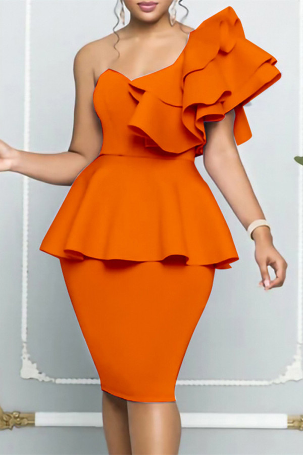 Orange Fashion Sexy Formal Solid Patchwork Backless Oblique Collar Evening Dress