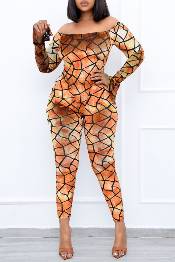 Orange Fashion Casual Print Patchwork Backless Off the Shoulder Skinny Jumpsuits