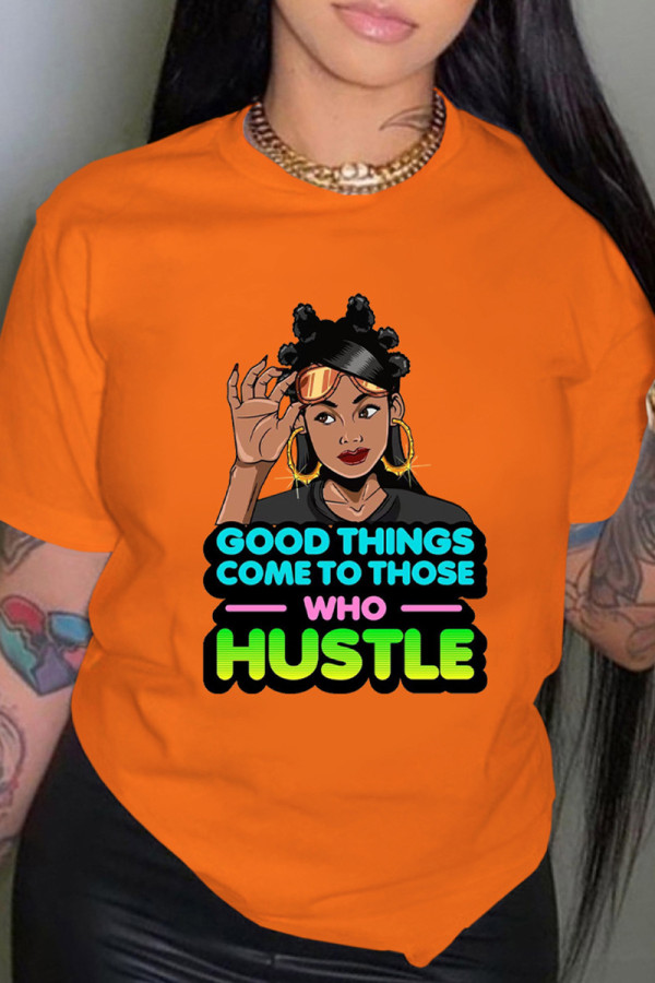 Orange Fashion Casual Print Patchwork Basic O Neck T-Shirts