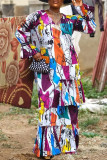 Multicolor Fashion Casual Print Graffiti V Neck Long Sleeve Dresses