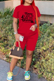 Red Fashion Casual Print Patchwork O Neck Short Sleeve Two Pieces