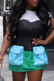 Green Sexy Color Block Draw String Pocket Contrast O Neck Waist Skirt Dresses