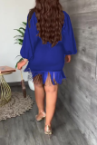 Blue Fashion Solid Tassel Square Collar Waist Skirt Dresses