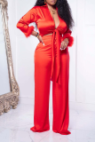 Red Casual Solid Patchwork Turndown Collar Long Sleeve Two Pieces