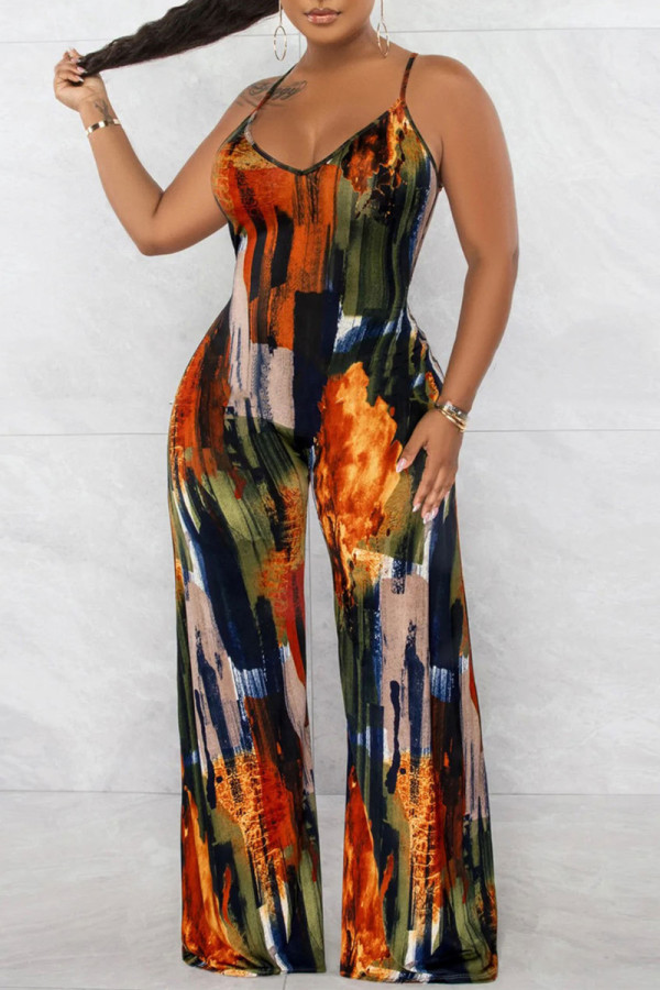 Multicolor Fashion Sexy Print Backless Spaghetti Strap Regular Jumpsuits