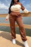 Brown Fashion Casual Patchwork Solid Contrast Zipper Collar Long Sleeve Two Pieces