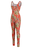 Orange Sexy Print Patchwork Square Collar Skinny Jumpsuits