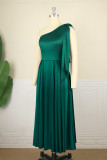Green Fashion Casual Solid Patchwork Oblique Collar Sleeveless Dress (Without Belt)