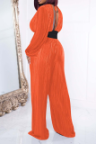 Red Casual Solid Backless V Neck Long Sleeve Two Pieces