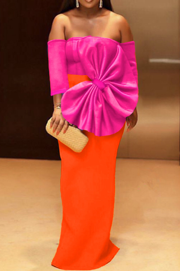 Rose Red Sexy Formal Patchwork Backless With Bow Off the Shoulder Evening Dress