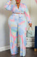 Baby Blue Fashion Casual Print Bandage V Neck Plus Size Two Pieces