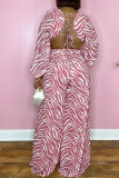 Deep Pink Fashion Animal Print Hollowed Out V Neck Loose Jumpsuits