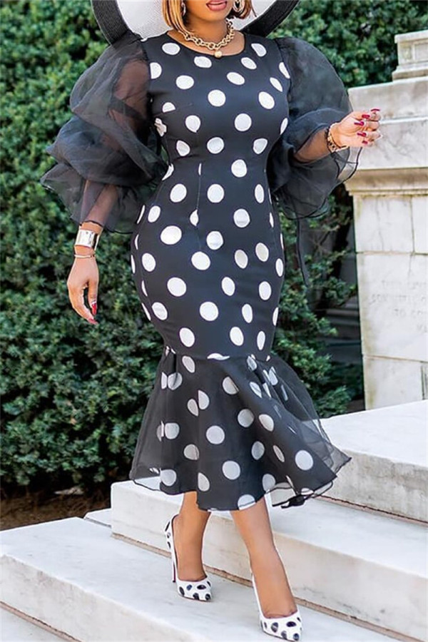Black Fashion Casual Dot Print Patchwork O Neck One Step Skirt Dresses