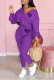 Purple Fashion Print Patchwork V Neck Long Sleeve Two Pieces