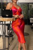 Red Sexy Print Patchwork Spaghetti Strap Pencil Skirt Dresses