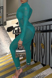Cyan Sexy Solid Patchwork See-through Half A Turtleneck Regular Jumpsuits