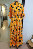 Yellow Fashion Casual Print Patchwork Half A Turtleneck Long Dress Dresses