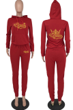 Red Fashion Print Patchwork Hooded Collar Long Sleeve Two Pieces