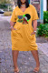 Yellow Fashion Casual Print Patchwork V Neck Short Sleeve Dress