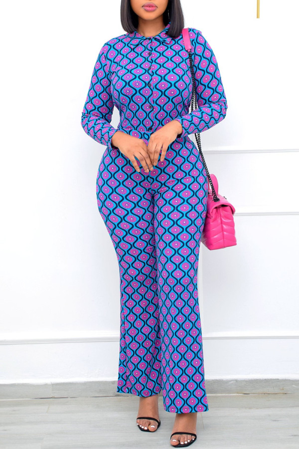 Blue Fashion Casual Print Patchwork Turndown Collar Long Sleeve Two Pieces