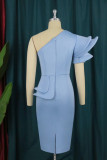 Sky Blue Fashion Casual Solid Patchwork Backless Oblique Collar Evening Dress