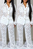 White Fashion Casual Solid Patchwork See-through Turndown Collar Long Sleeve Two Pieces