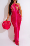 Rose Red Sexy Solid Tassel Patchwork See-through Backless Halter Strapless Dress