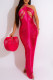 Rose Red Sexy Solid Tassel Patchwork See-through Backless Halter Strapless Dress