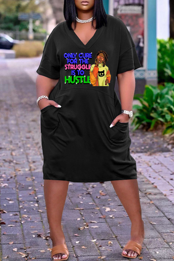 Black Fashion Casual Print Patchwork V Neck Short Sleeve Dress