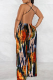 Multicolor Fashion Sexy Print Backless Spaghetti Strap Regular Jumpsuits