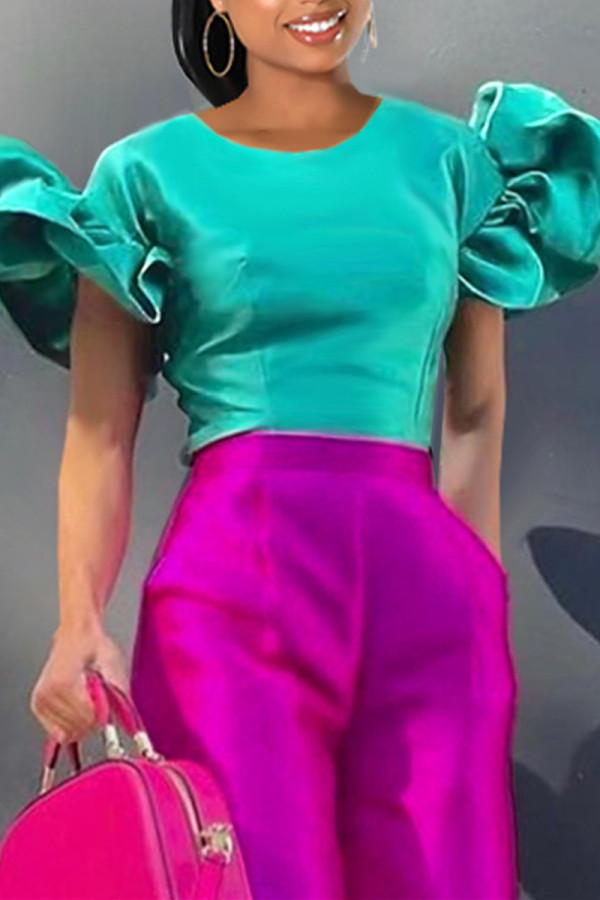 Green Fashion Casual Solid Patchwork O Neck Tops