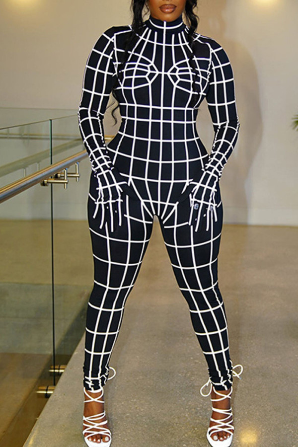 Black Street Punk Print Patchwork Half A Turtleneck Regular Jumpsuits