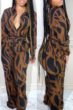 Blue Fashion Casual Print Patchwork Turndown Collar Long Sleeve Two Pieces