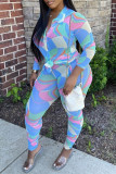 Blue Fashion Casual Print Patchwork Turndown Collar Plus Long Sleeve Pieces