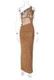 Brown Fashion Sexy Solid Hollowed Out Backless Slit Oblique Collar Sleeveless Dress