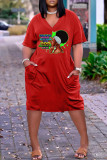 Pink Fashion Casual Print Patchwork V Neck Short Sleeve Dress
