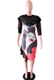 Black Fashion Print Flounce O Neck Straight Dresses