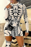 White Sexy Print Patchwork Half A Turtleneck Long Sleeve Two Pieces
