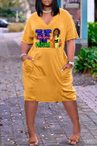 Deep Blue Fashion Casual Print Patchwork V Neck Short Sleeve Dress