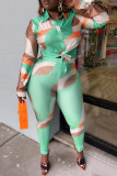 Green Fashion Casual Print Patchwork Turndown Collar Long Sleeve Two Pieces